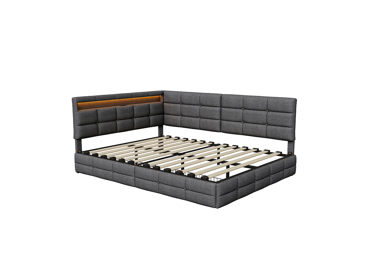 Canapé lit 140 x 190 - Lit Coffre 140 x 190 avec LED et USB - Tête de Lit capitonné et Rangement - Lit Enfant avec Lattes - Lin gris
