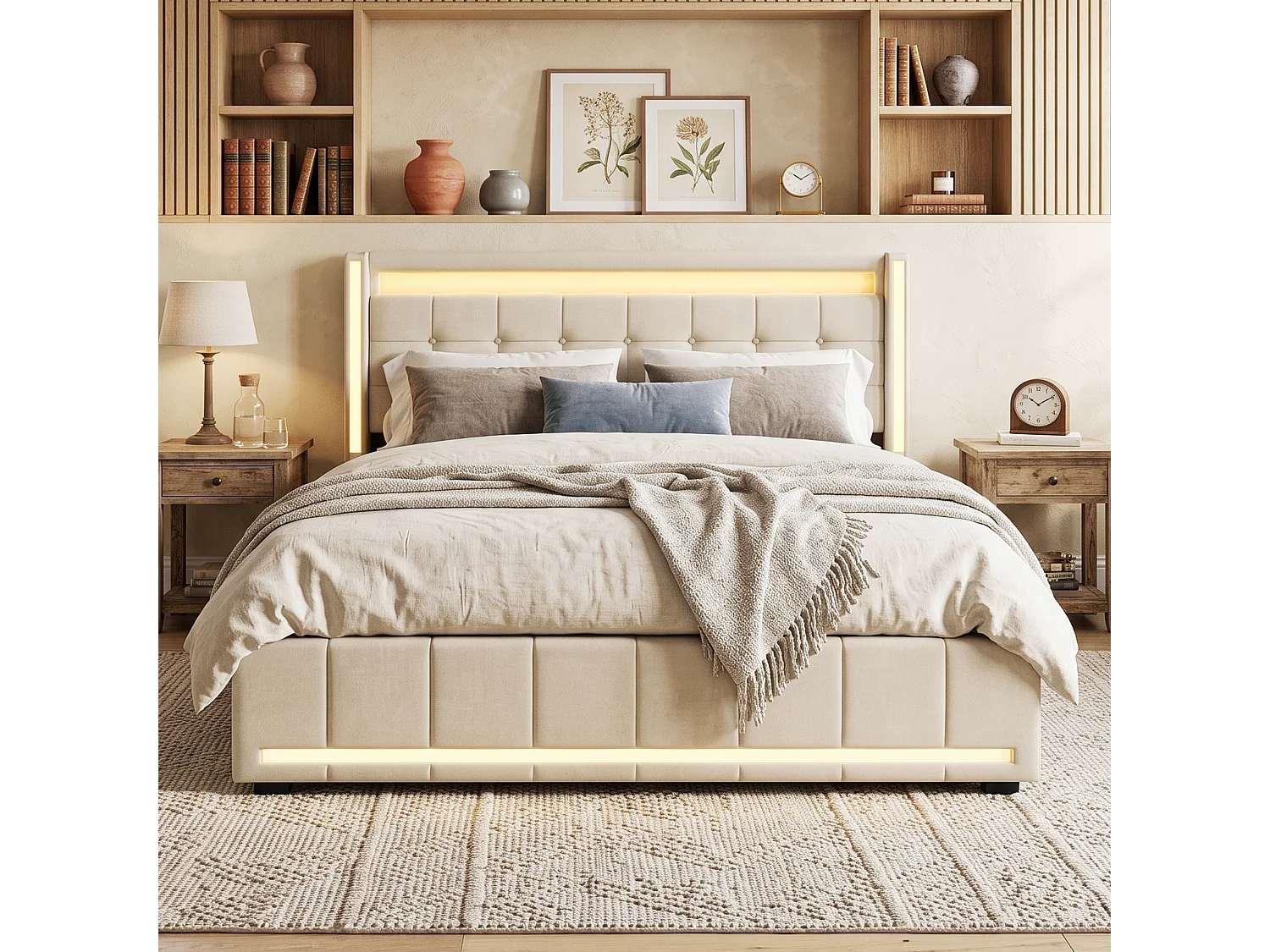 DreamMespace Lit Coffre Double 160x200 cm - Meuble de Rangement 4 Tiroirs, Oreilles de Lit & Tête de Lit avec LED RGB, Ports USB & Type-C, Tissu Lin Beige