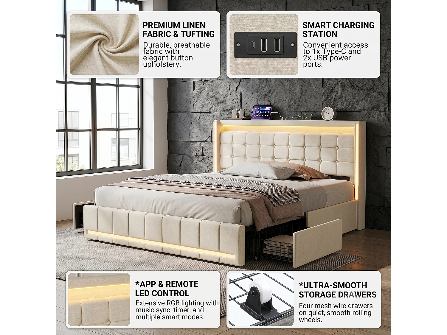 DreamMespace Lit Coffre Double 160x200 cm - Meuble de Rangement 4 Tiroirs, Oreilles de Lit & Tête de Lit avec LED RGB, Ports USB & Type-C, Tissu Lin Beige