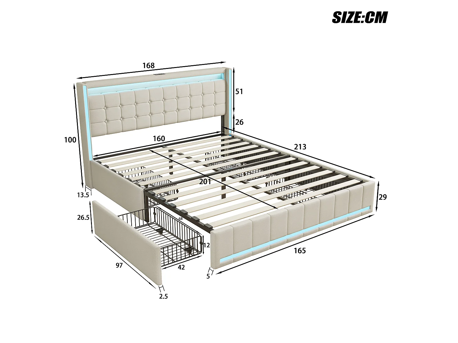 DreamMespace Lit Coffre Double 160x200 cm - Meuble de Rangement 4 Tiroirs, Oreilles de Lit & Tête de Lit avec LED RGB, Ports USB & Type-C, Tissu Lin Beige