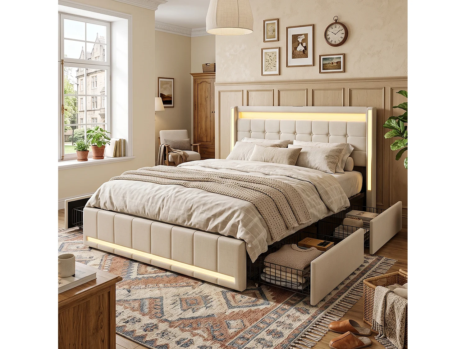 DreamMespace Lit Coffre Double 140x200 cm - Meuble de Rangement 4 Tiroirs, Oreilles de Lit & Tête de Lit avec LED RGB, Ports USB & Type-C, Tissu Lin Beige