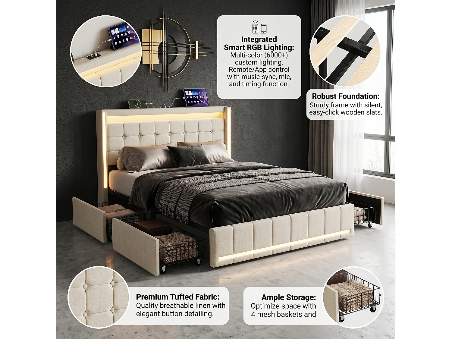 DreamMespace Lit Coffre Double 140x200 cm - Meuble de Rangement 4 Tiroirs, Oreilles de Lit & Tête de Lit avec LED RGB, Ports USB & Type-C, Tissu Lin Beige