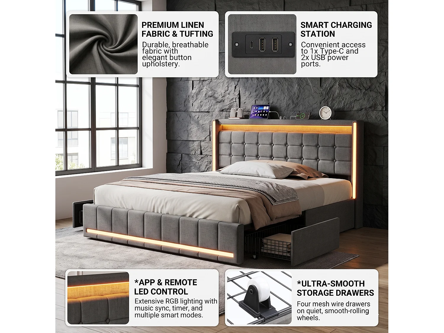 DreamMespace Lit Coffre Double 160x200 cm - Meuble de Rangement 4 Tiroirs, Oreilles de Lit & Tête de Lit avec LED RGB, Ports USB & Type-C, Tissu Lin Gris Foncé