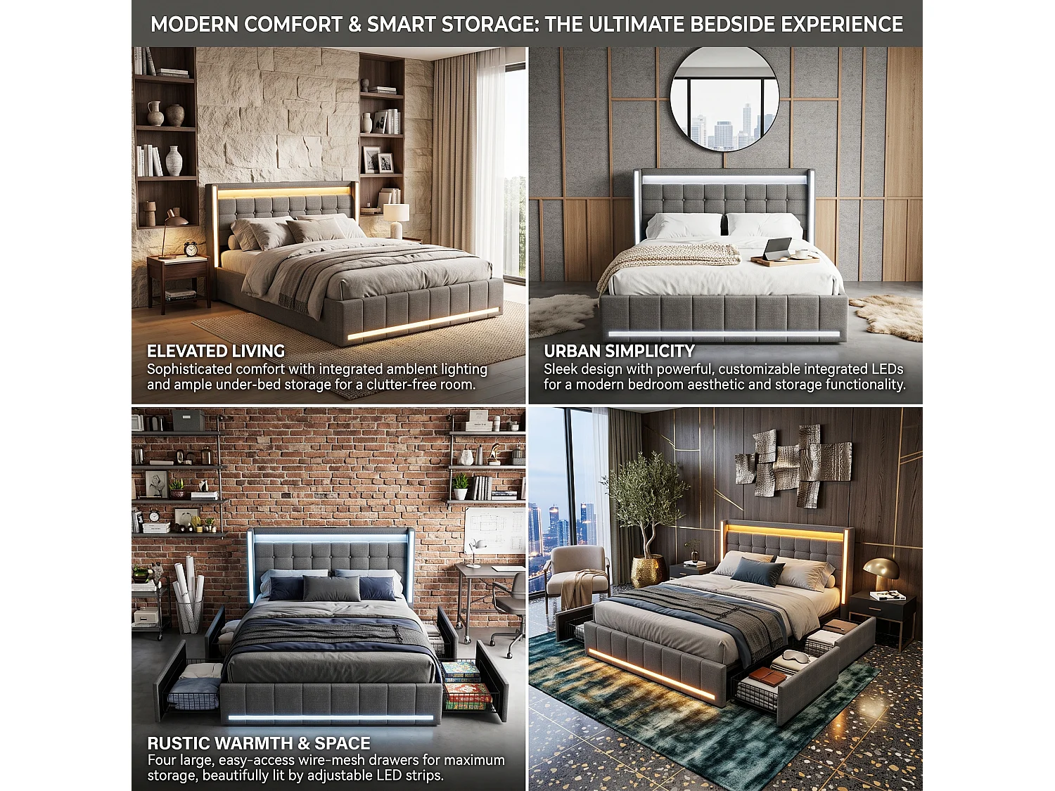 DreamMespace Lit Coffre Double 160x200 cm - Meuble de Rangement 4 Tiroirs, Oreilles de Lit & Tête de Lit avec LED RGB, Ports USB & Type-C, Tissu Lin Gris Foncé