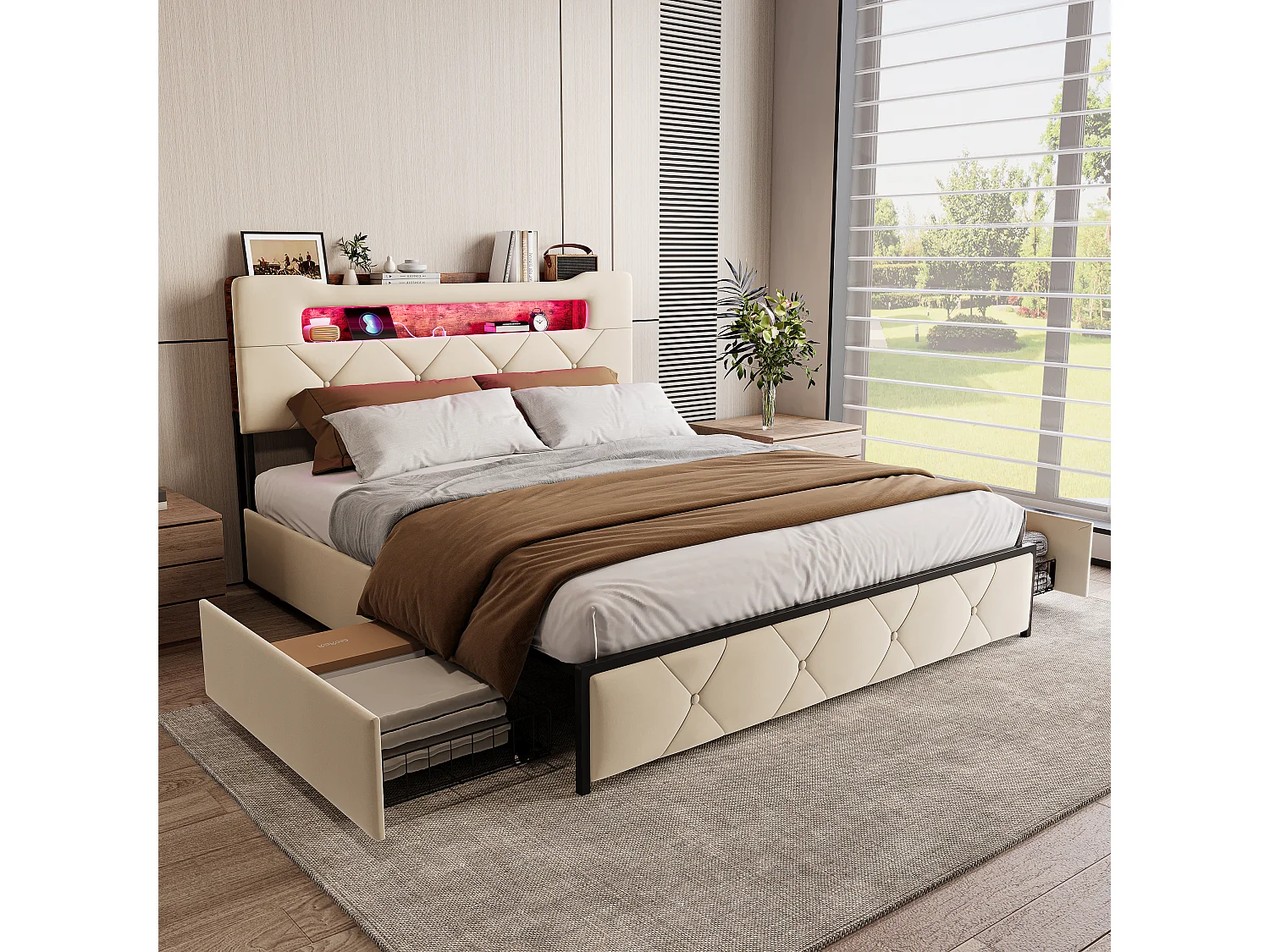 Lit double 160x200 cm - Lit adulte avec LED et USB - 4 tiroirs - rangements de tête de lit - en velours - beige