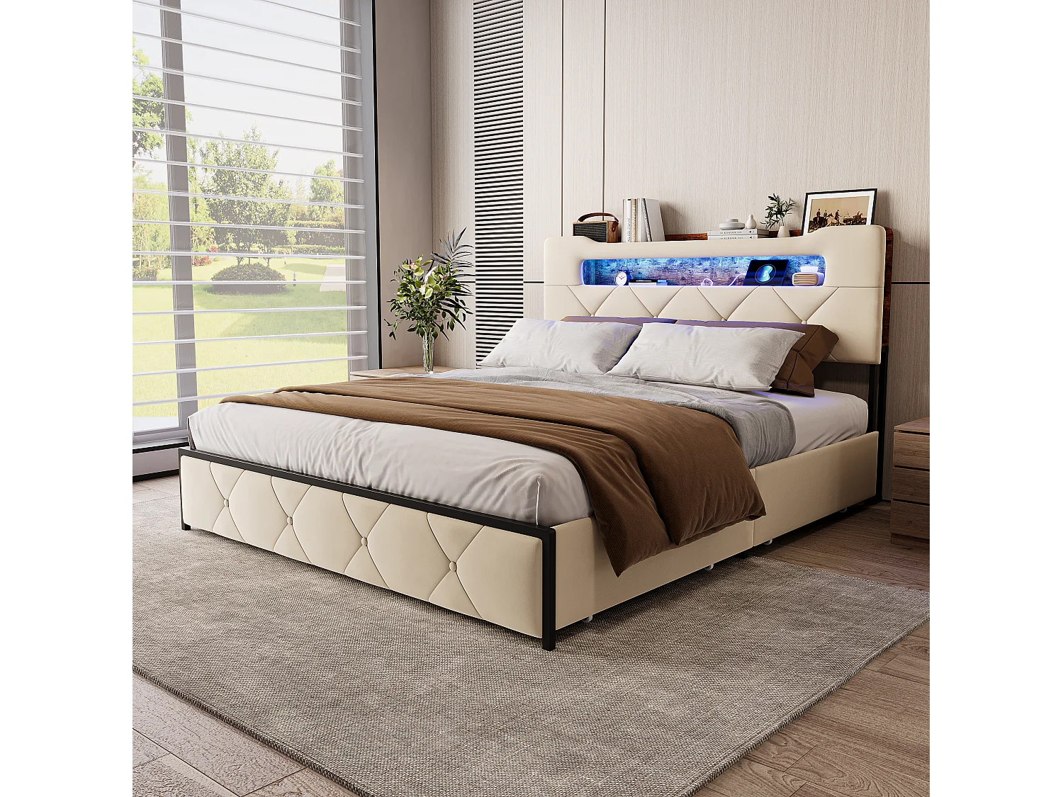 Lit double 160x200 cm - Lit adulte avec LED et USB - 4 tiroirs - rangements de tête de lit - en velours - beige