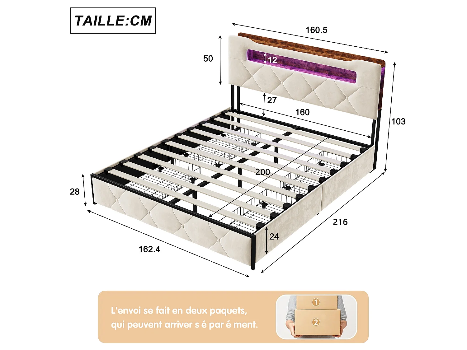 Lit double 160x200 cm - Lit adulte avec LED et USB - 4 tiroirs - rangements de tête de lit - en velours - beige