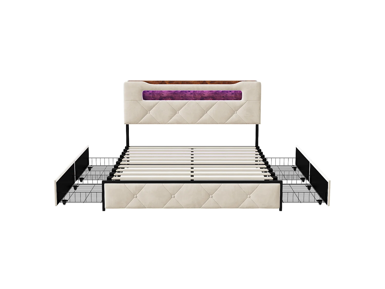Lit double 160x200 cm - Lit adulte avec LED et USB - 4 tiroirs - rangements de tête de lit - en velours - beige