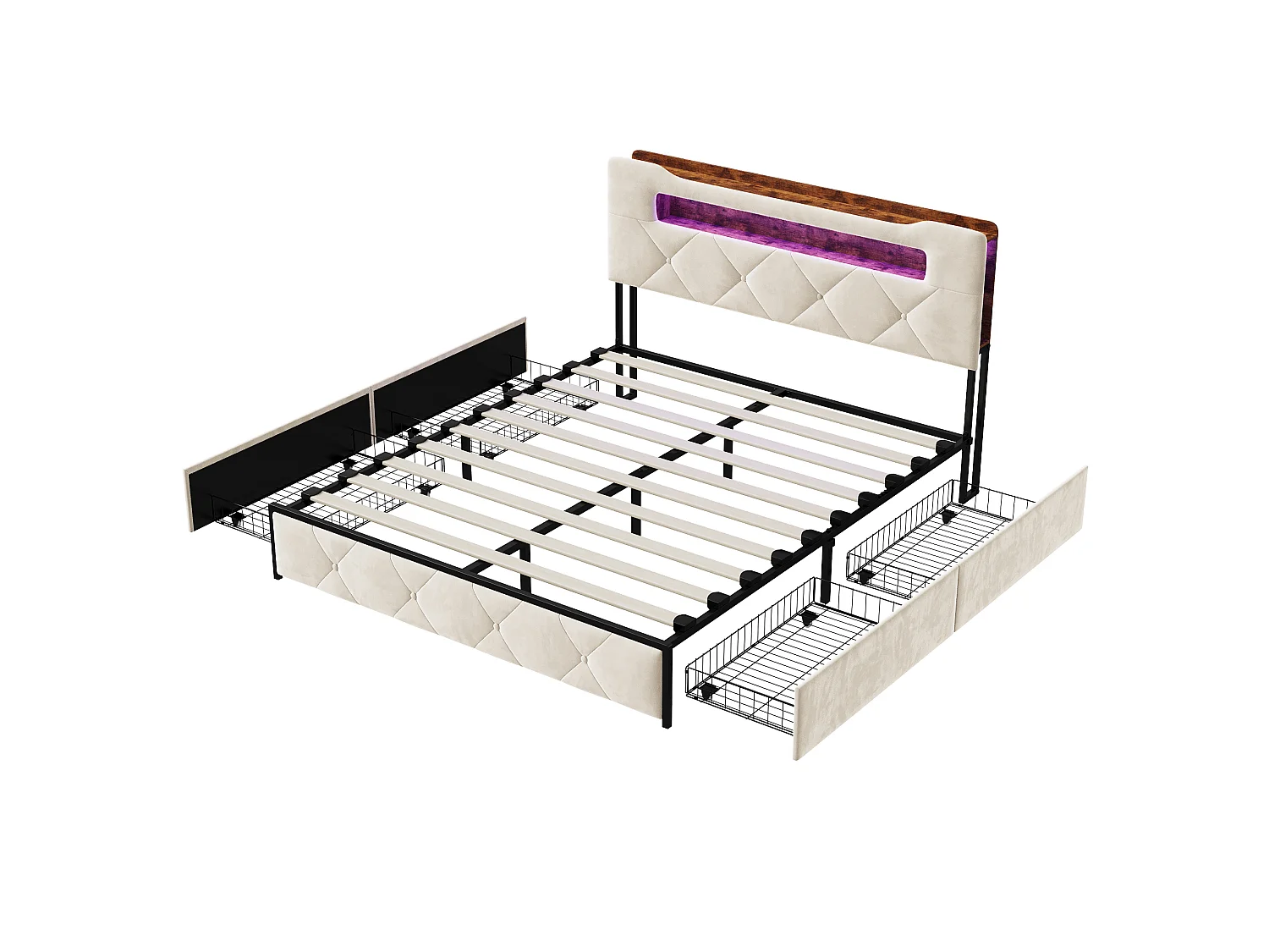 Lit double 160x200 cm - Lit adulte avec LED et USB - 4 tiroirs - rangements de tête de lit - en velours - beige