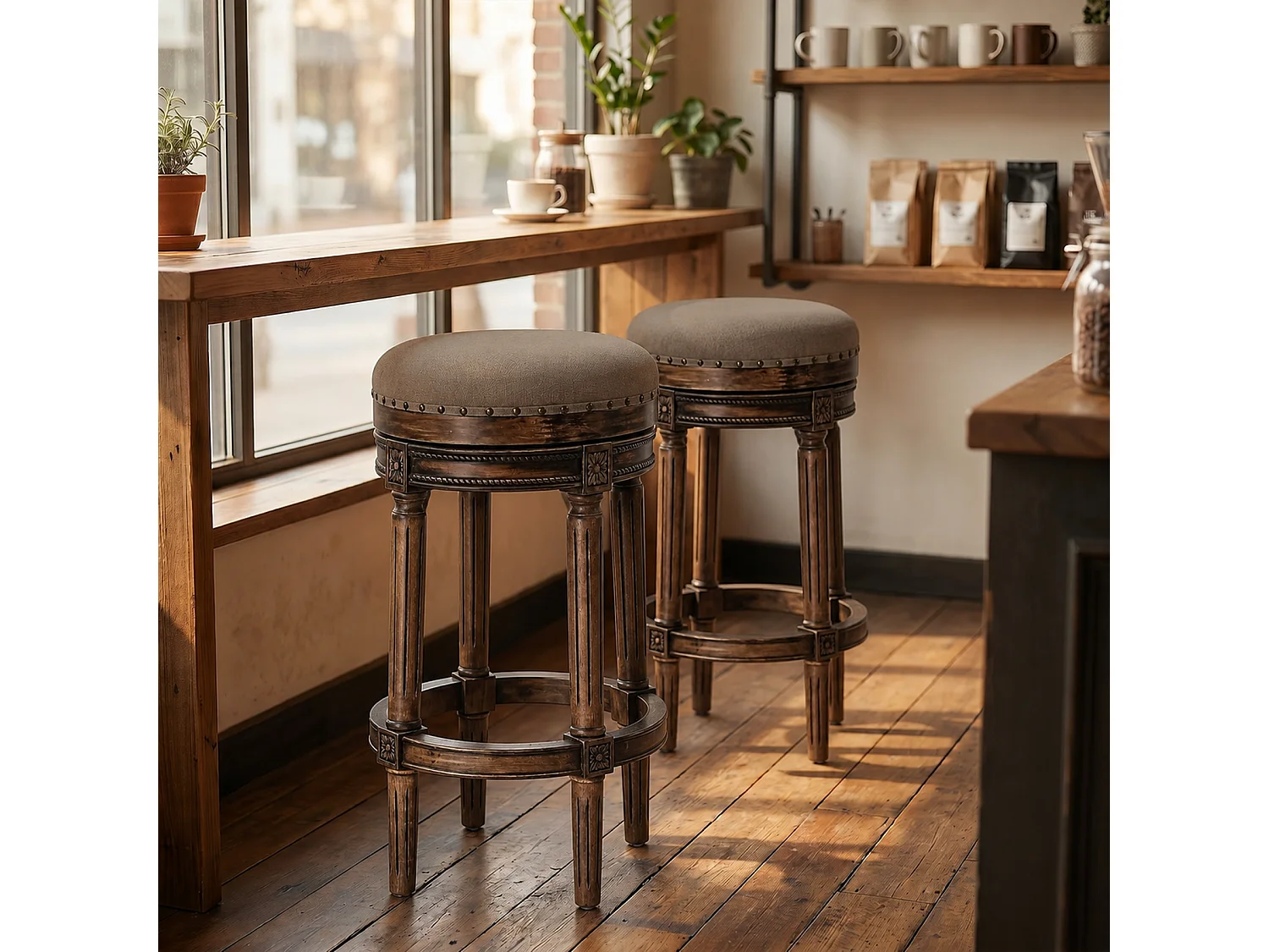 HOMEMIYN Tabouret de bar vintage pivotant 360° en simili cuir, assise rembourrée confortable, pieds en bois massif sculpté avec repose-pieds, chaise haute élégante
