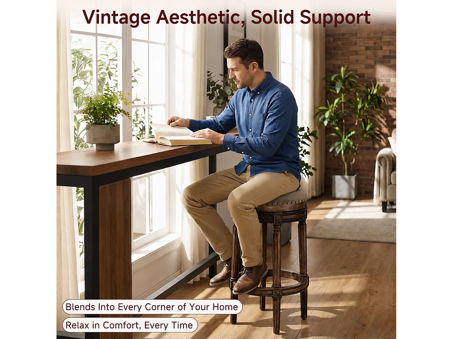 HOMEMIYN Tabouret de bar vintage pivotant 360° en simili cuir, assise rembourrée confortable, pieds en bois massif sculpté avec repose-pieds, chaise haute élégante