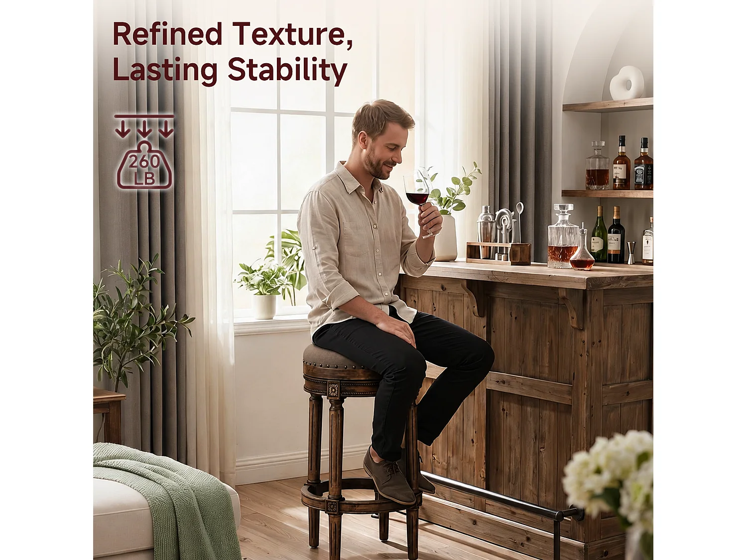 HOMEMIYN Tabouret de bar vintage pivotant 360° en simili cuir, assise rembourrée confortable, pieds en bois massif sculpté avec repose-pieds, chaise haute élégante