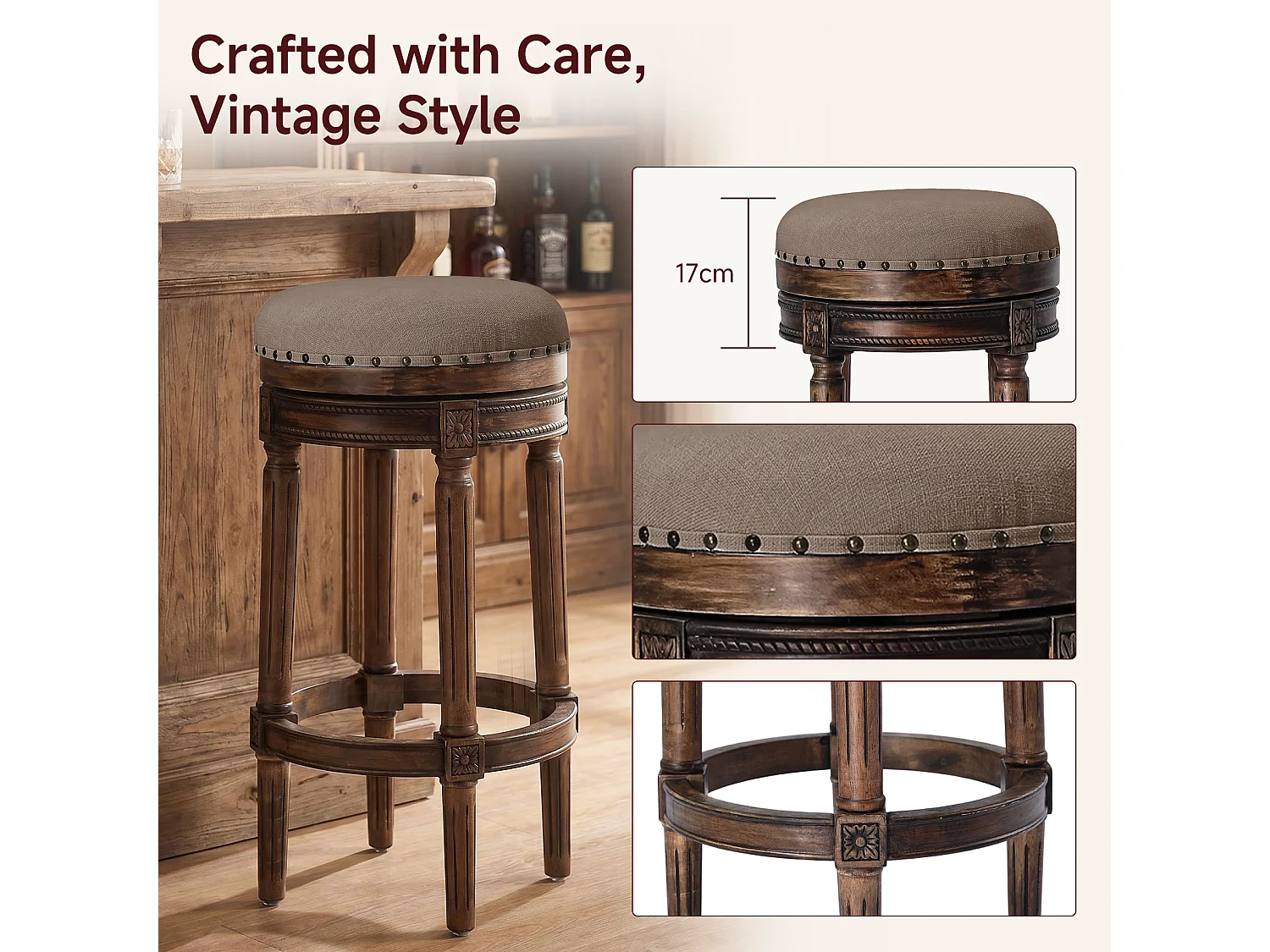 HOMEMIYN Tabouret de bar vintage pivotant 360° en simili cuir, assise rembourrée confortable, pieds en bois massif sculpté avec repose-pieds, chaise haute élégante