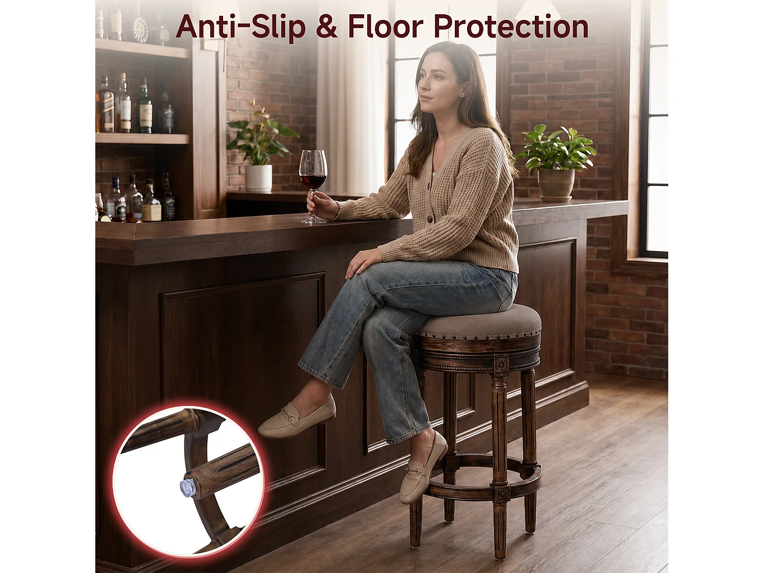 HOMEMIYN Tabouret de bar vintage pivotant 360° en simili cuir, assise rembourrée confortable, pieds en bois massif sculpté avec repose-pieds, chaise haute élégante