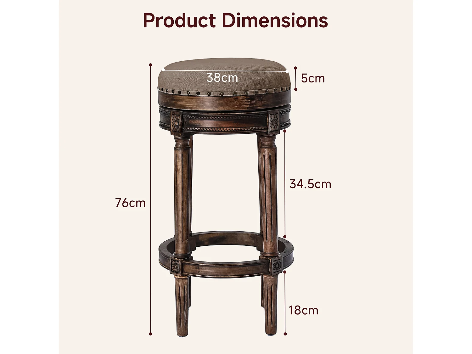 HOMEMIYN Tabouret de bar vintage pivotant 360° en simili cuir, assise rembourrée confortable, pieds en bois massif sculpté avec repose-pieds, chaise haute élégante
