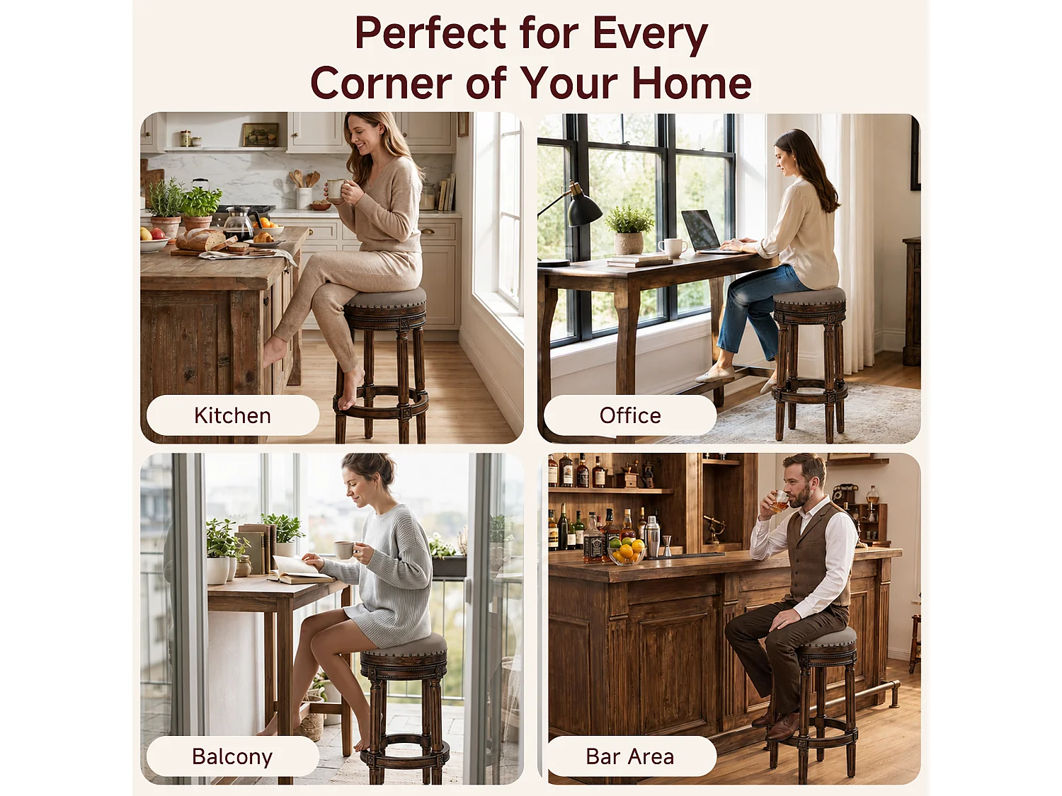 HOMEMIYN Tabouret de bar vintage pivotant 360° en simili cuir, assise rembourrée confortable, pieds en bois massif sculpté avec repose-pieds, chaise haute élégante