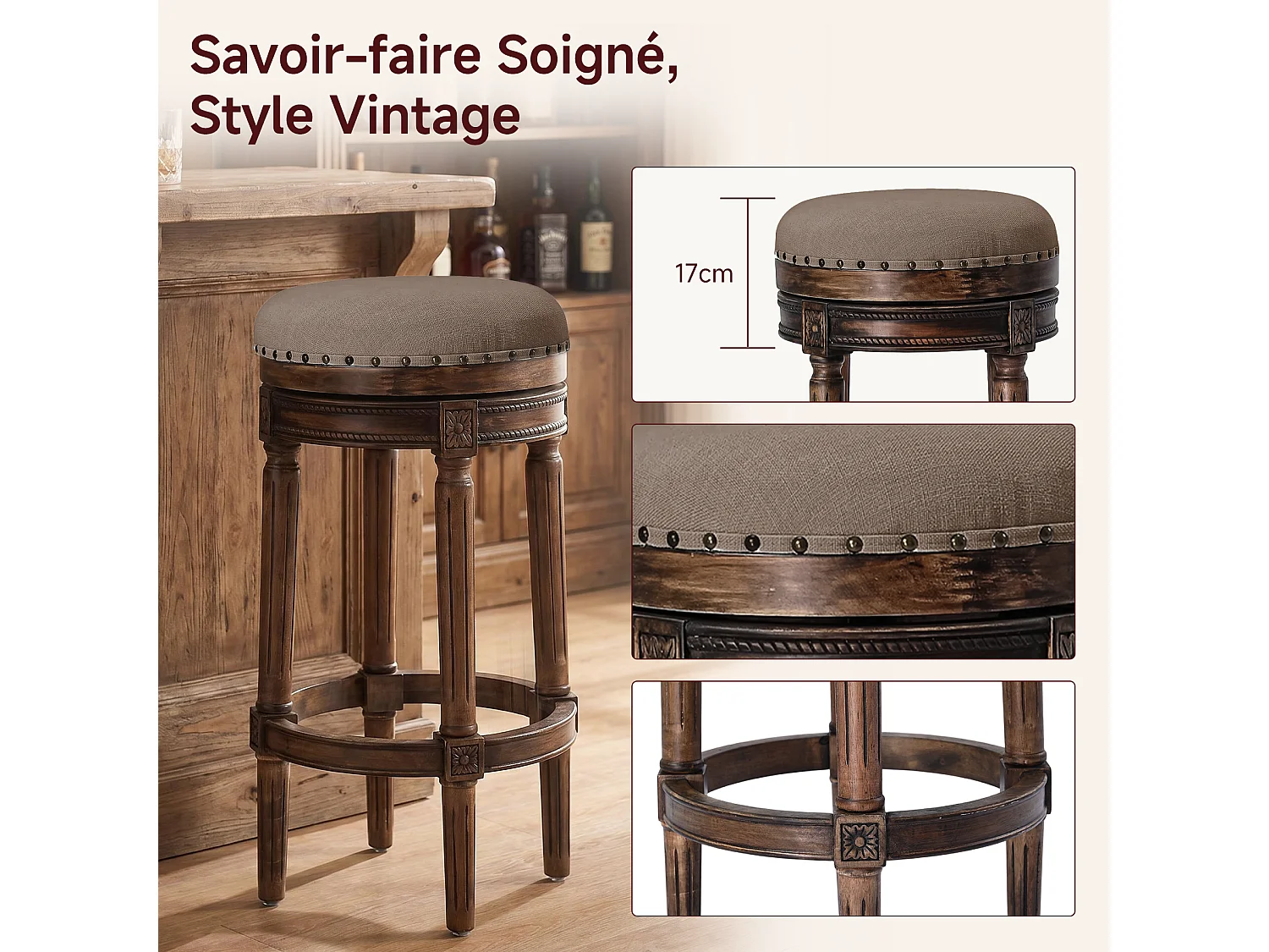 HOMEMIYN Tabouret de bar vintage pivotant 360° en simili cuir, assise rembourrée confortable, pieds en bois massif sculpté avec repose-pieds, chaise haute élégante