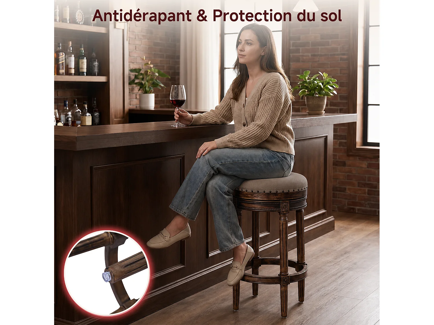 HOMEMIYN Tabouret de bar vintage pivotant 360° en simili cuir, assise rembourrée confortable, pieds en bois massif sculpté avec repose-pieds, chaise haute élégante