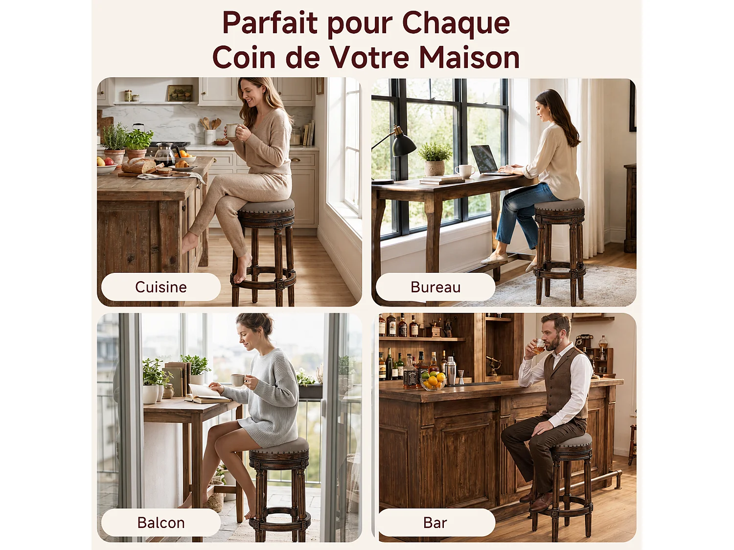 HOMEMIYN Tabouret de bar vintage pivotant 360° en simili cuir, assise rembourrée confortable, pieds en bois massif sculpté avec repose-pieds, chaise haute élégante