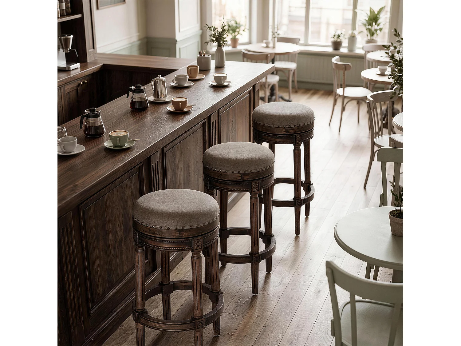HOMEMIYN Tabouret de bar vintage pivotant 360° en simili cuir, assise rembourrée confortable, pieds en bois massif sculpté avec repose-pieds, chaise haute élégante