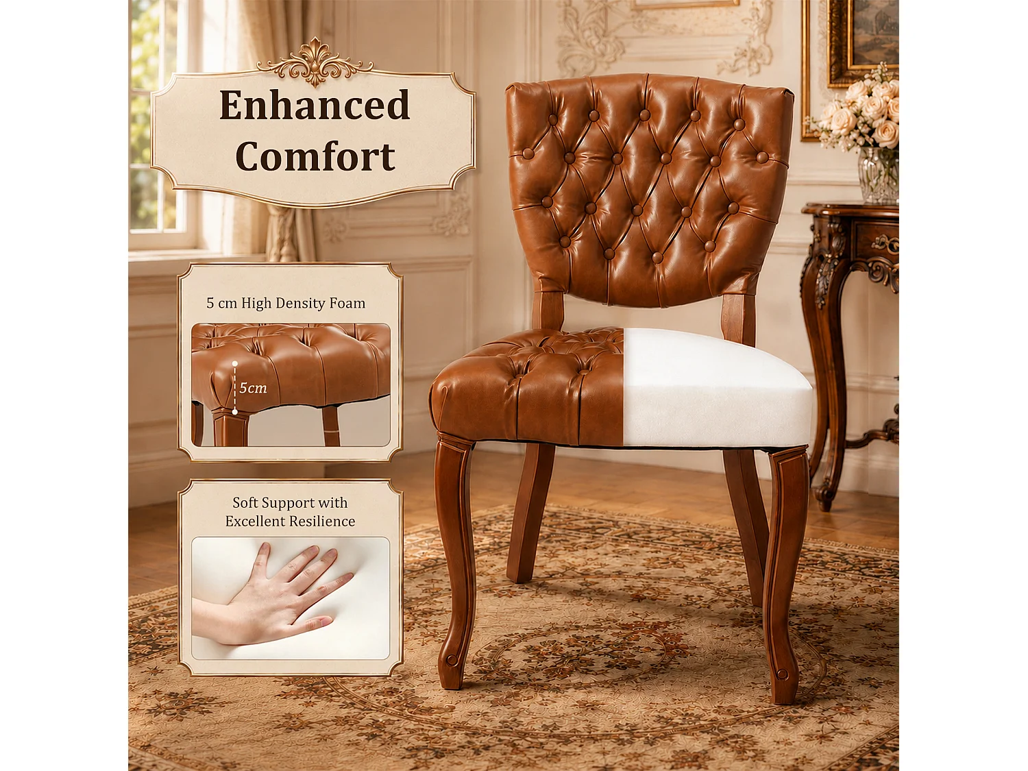 HOMEMIYN Lot de 2 chaises de salle à manger vintage en simili cuir capitonné, fauteuils de table avec pieds en bois massif sculpté, assise rembourrée confortable, s