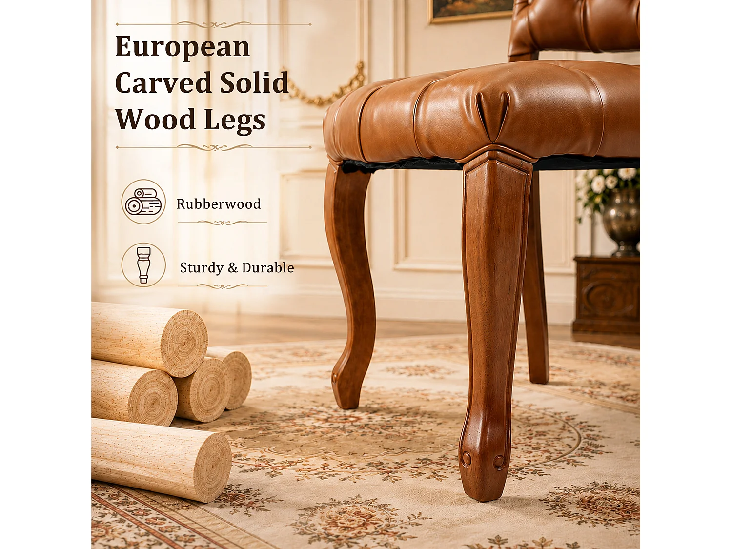 HOMEMIYN Lot de 2 chaises de salle à manger vintage en simili cuir capitonné, fauteuils de table avec pieds en bois massif sculpté, assise rembourrée confortable, s