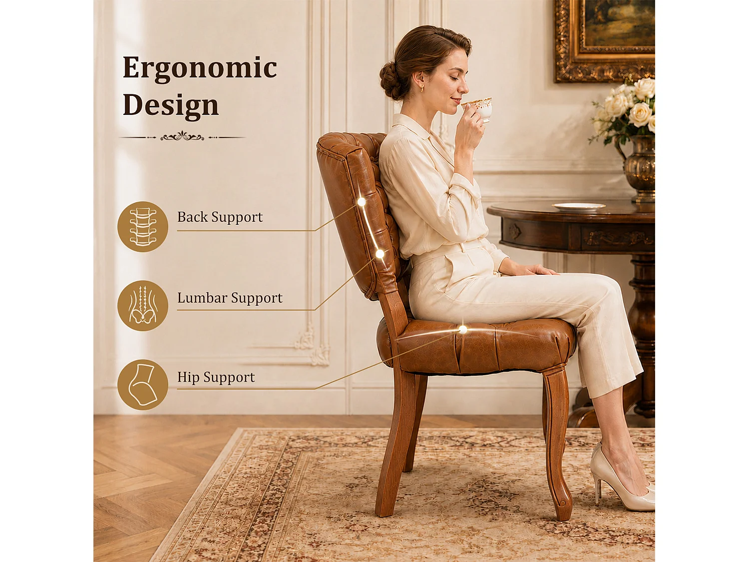 HOMEMIYN Lot de 2 chaises de salle à manger vintage en simili cuir capitonné, fauteuils de table avec pieds en bois massif sculpté, assise rembourrée confortable, s