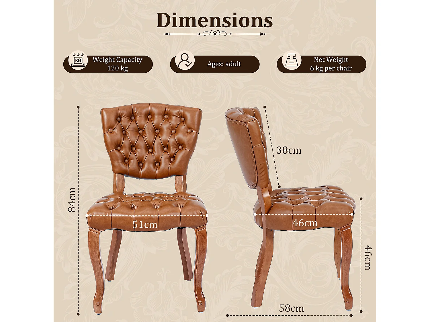 HOMEMIYN Lot de 2 chaises de salle à manger vintage en simili cuir capitonné, fauteuils de table avec pieds en bois massif sculpté, assise rembourrée confortable, s