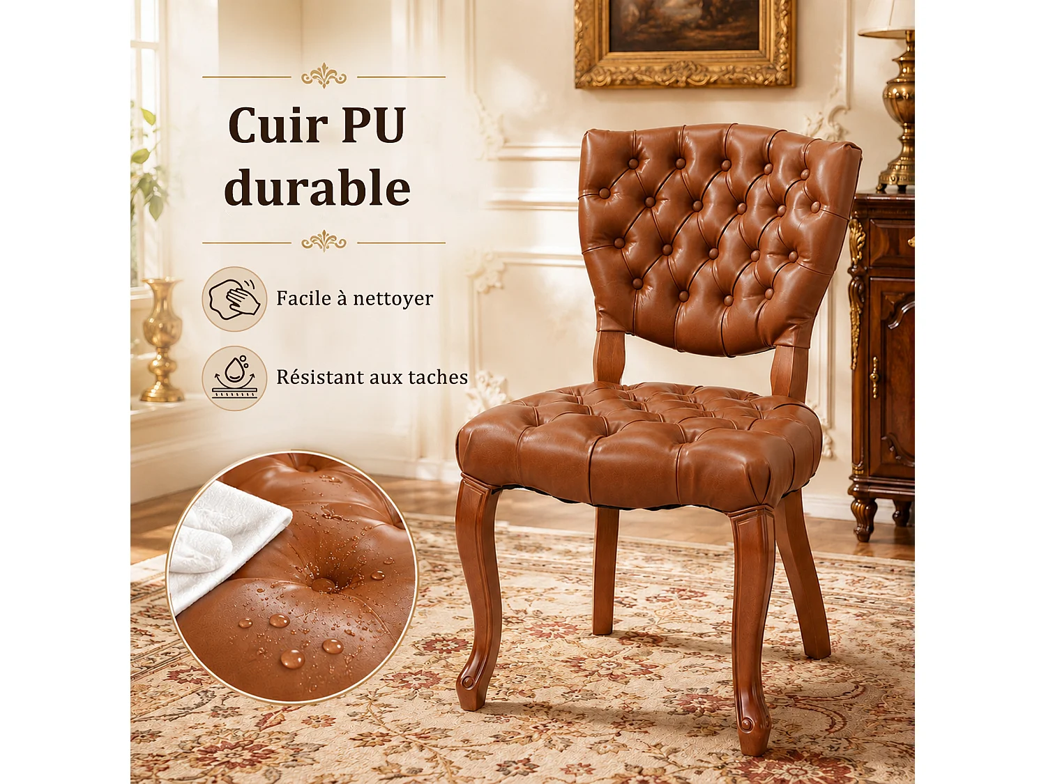 HOMEMIYN Lot de 2 chaises de salle à manger vintage en simili cuir capitonné, fauteuils de table avec pieds en bois massif sculpté, assise rembourrée confortable, s