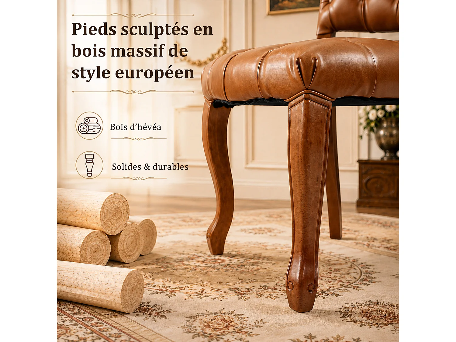 HOMEMIYN Lot de 2 chaises de salle à manger vintage en simili cuir capitonné, fauteuils de table avec pieds en bois massif sculpté, assise rembourrée confortable, s