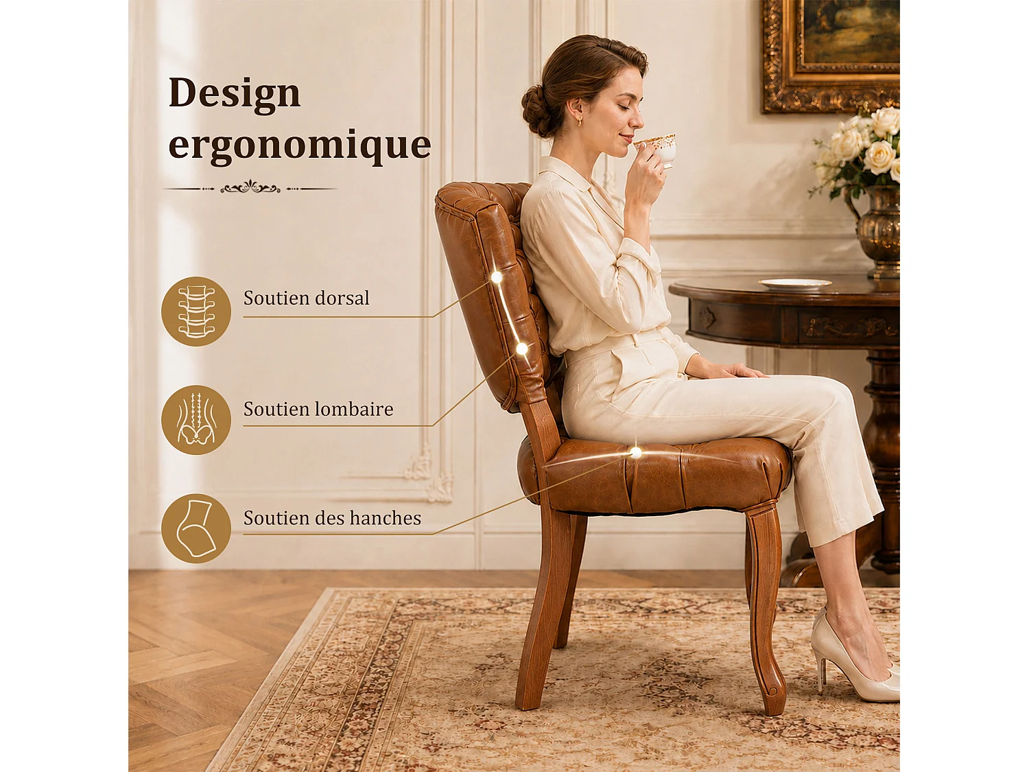 HOMEMIYN Lot de 2 chaises de salle à manger vintage en simili cuir capitonné, fauteuils de table avec pieds en bois massif sculpté, assise rembourrée confortable, s