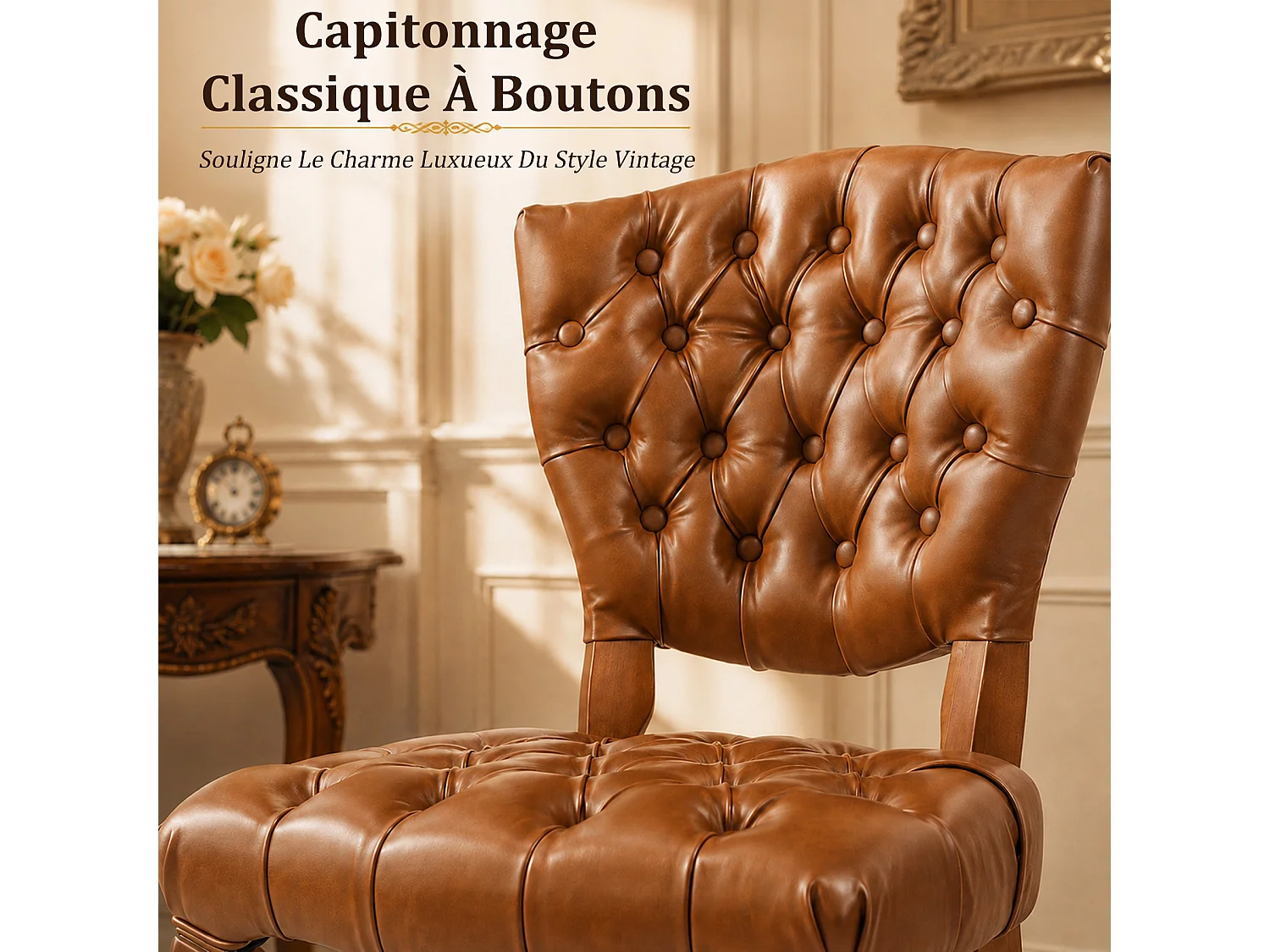 HOMEMIYN Lot de 2 chaises de salle à manger vintage en simili cuir capitonné, fauteuils de table avec pieds en bois massif sculpté, assise rembourrée confortable, s