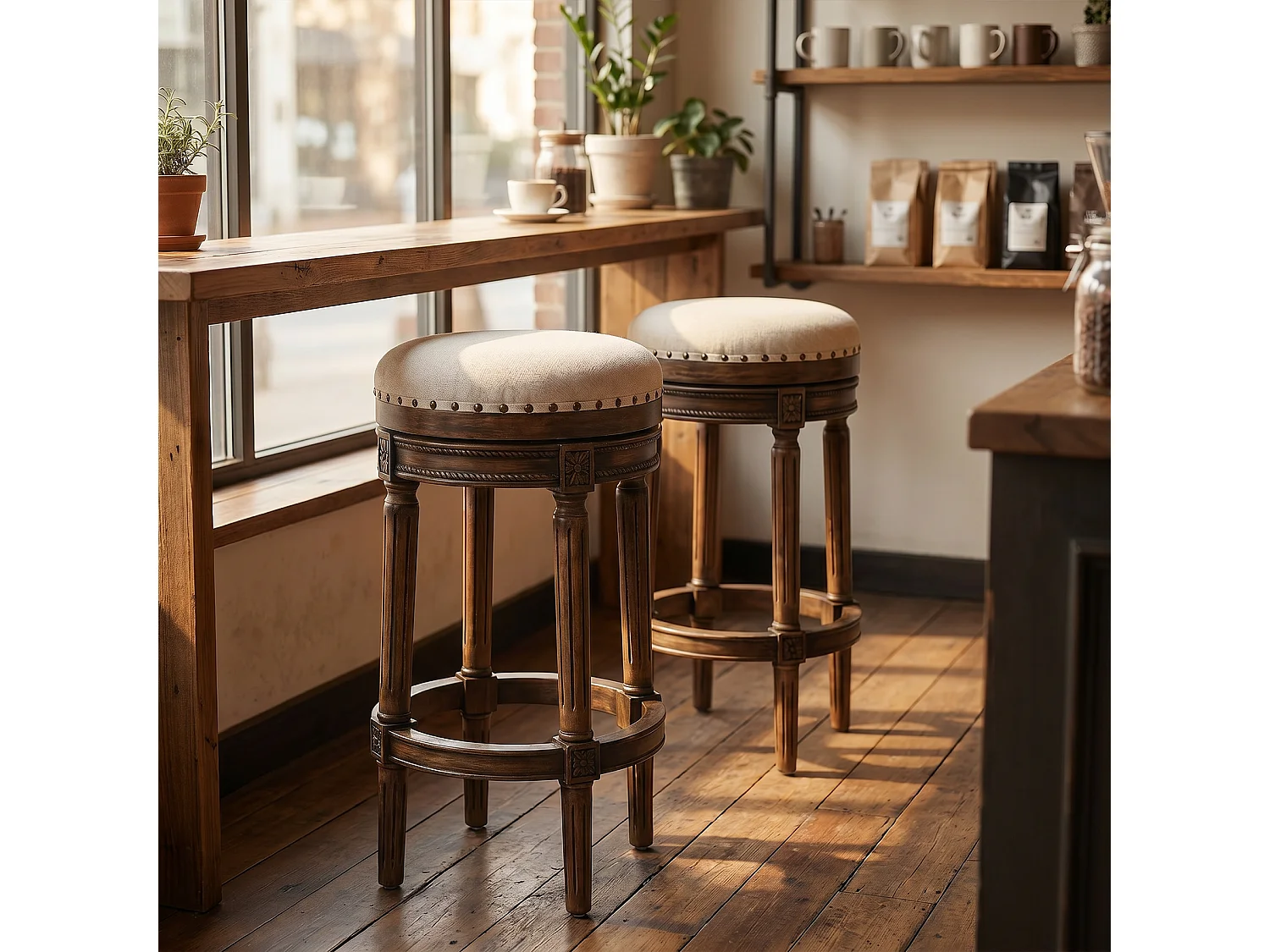 HOMEMIYN Tabouret de bar vintage pivotant 360° en simili cuir, assise rembourrée confortable, pieds en bois massif sculpté avec repose-pieds, chaise haute élégante
