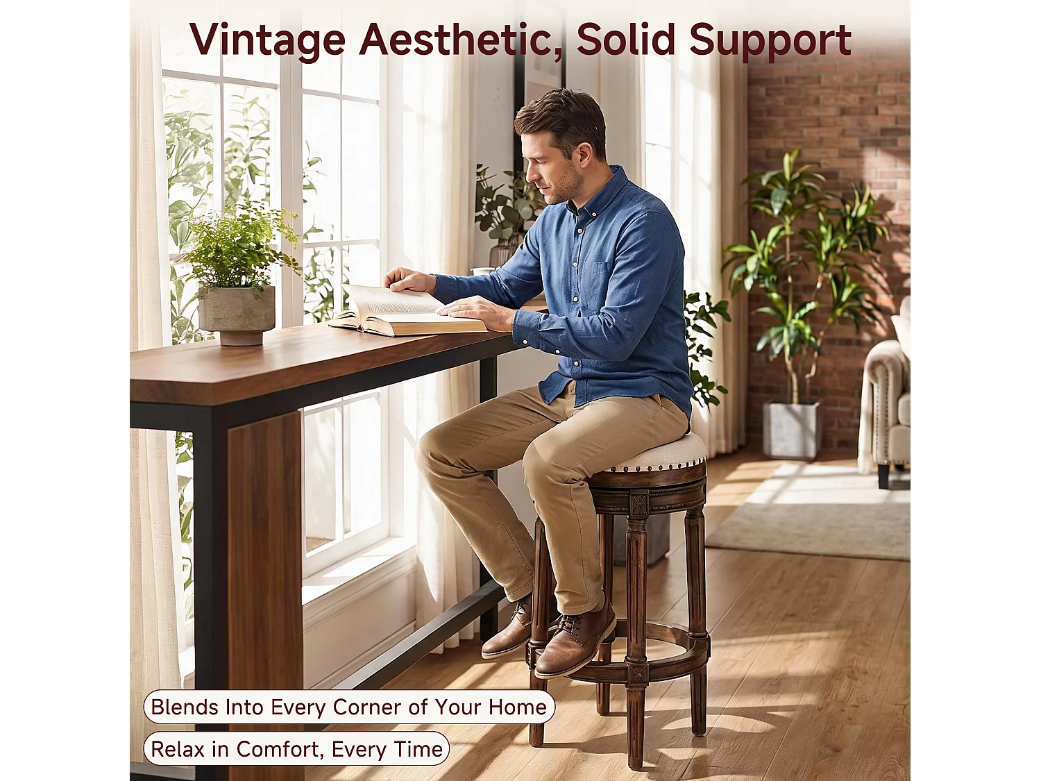 HOMEMIYN Tabouret de bar vintage pivotant 360° en simili cuir, assise rembourrée confortable, pieds en bois massif sculpté avec repose-pieds, chaise haute élégante