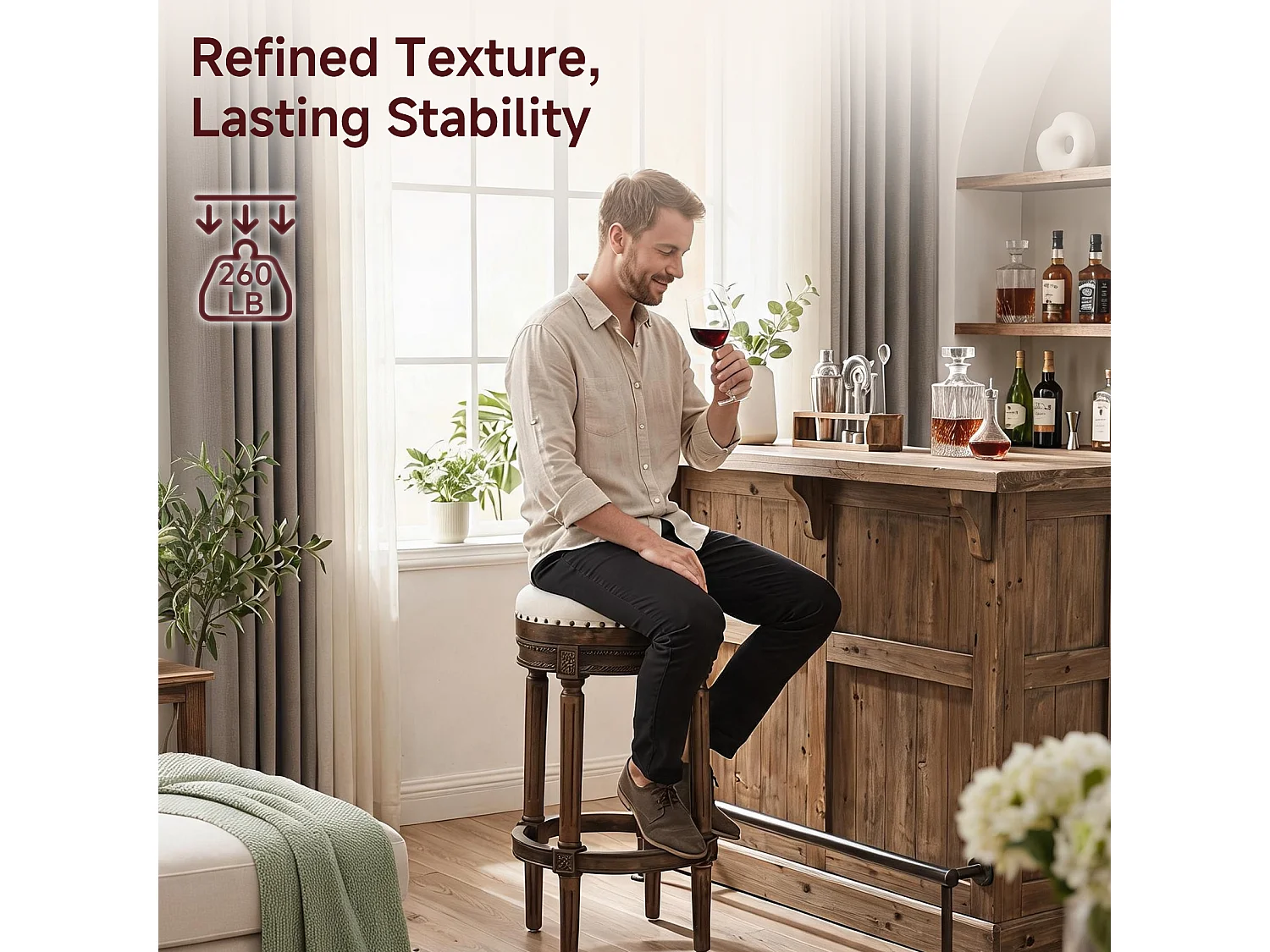 HOMEMIYN Tabouret de bar vintage pivotant 360° en simili cuir, assise rembourrée confortable, pieds en bois massif sculpté avec repose-pieds, chaise haute élégante