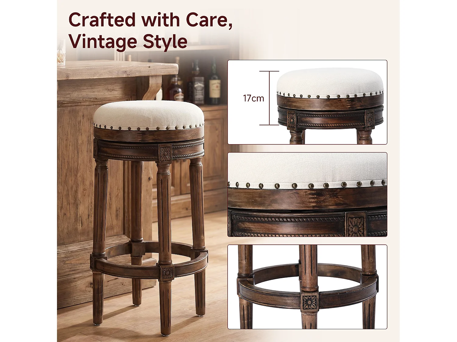 HOMEMIYN Tabouret de bar vintage pivotant 360° en simili cuir, assise rembourrée confortable, pieds en bois massif sculpté avec repose-pieds, chaise haute élégante