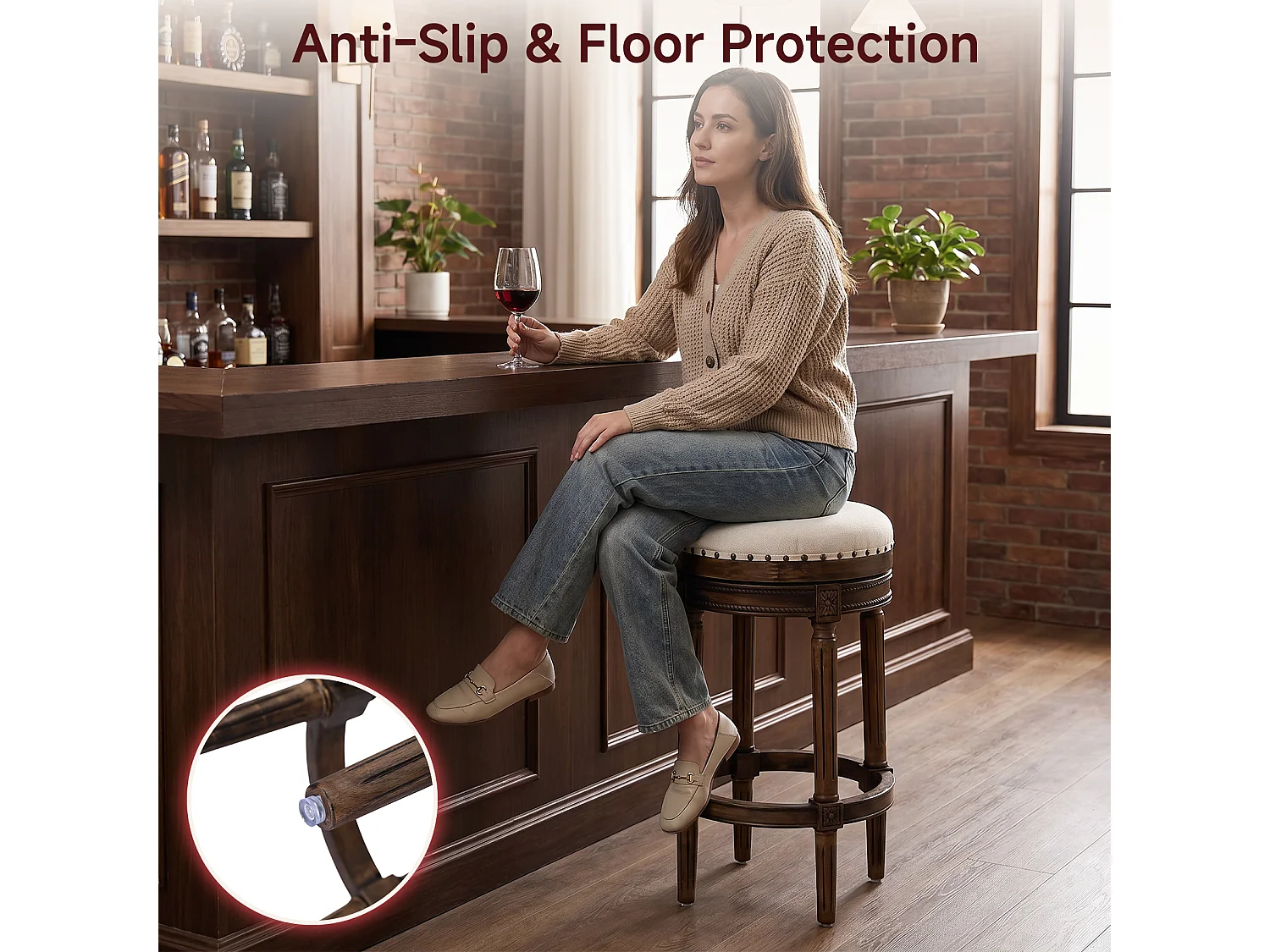 HOMEMIYN Tabouret de bar vintage pivotant 360° en simili cuir, assise rembourrée confortable, pieds en bois massif sculpté avec repose-pieds, chaise haute élégante