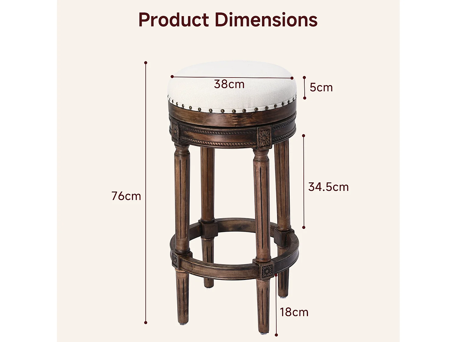 HOMEMIYN Tabouret de bar vintage pivotant 360° en simili cuir, assise rembourrée confortable, pieds en bois massif sculpté avec repose-pieds, chaise haute élégante