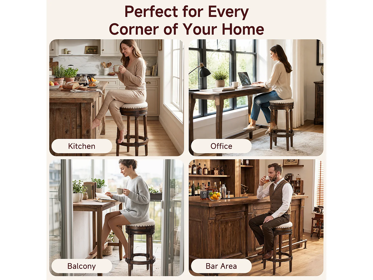 HOMEMIYN Tabouret de bar vintage pivotant 360° en simili cuir, assise rembourrée confortable, pieds en bois massif sculpté avec repose-pieds, chaise haute élégante