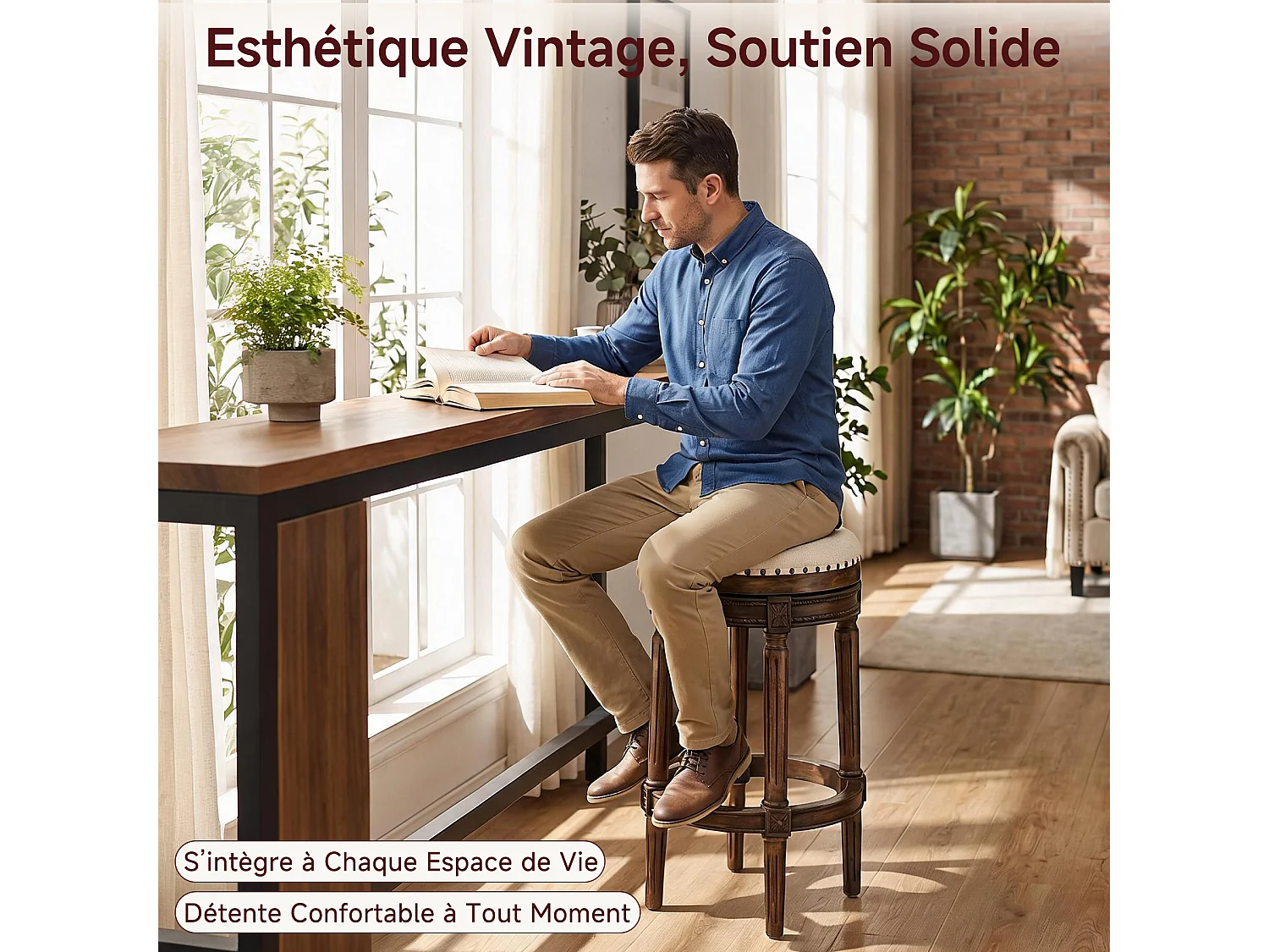 HOMEMIYN Tabouret de bar vintage pivotant 360° en simili cuir, assise rembourrée confortable, pieds en bois massif sculpté avec repose-pieds, chaise haute élégante