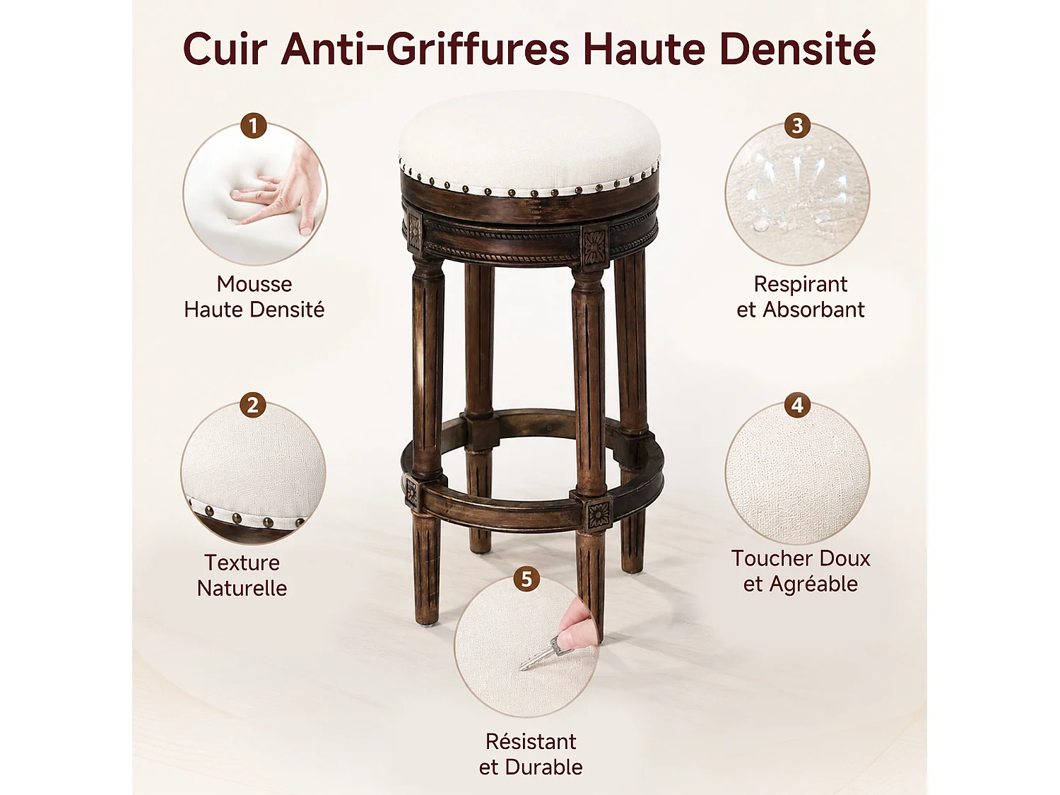 HOMEMIYN Tabouret de bar vintage pivotant 360° en simili cuir, assise rembourrée confortable, pieds en bois massif sculpté avec repose-pieds, chaise haute élégante