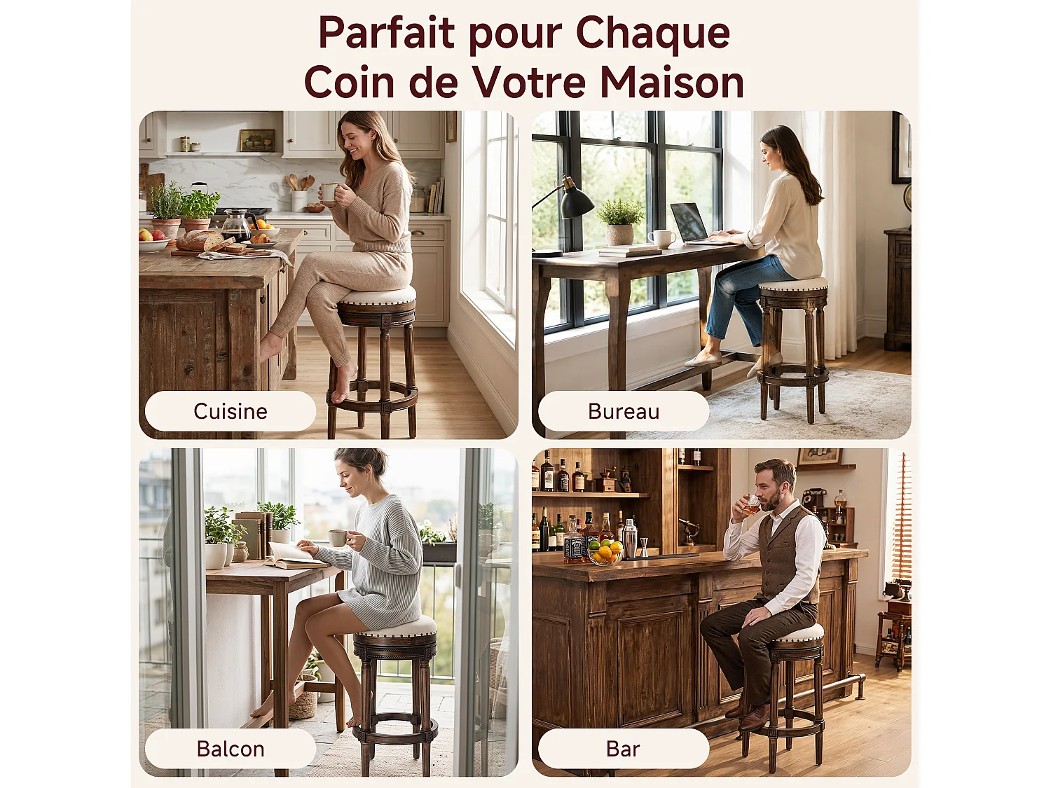 HOMEMIYN Tabouret de bar vintage pivotant 360° en simili cuir, assise rembourrée confortable, pieds en bois massif sculpté avec repose-pieds, chaise haute élégante