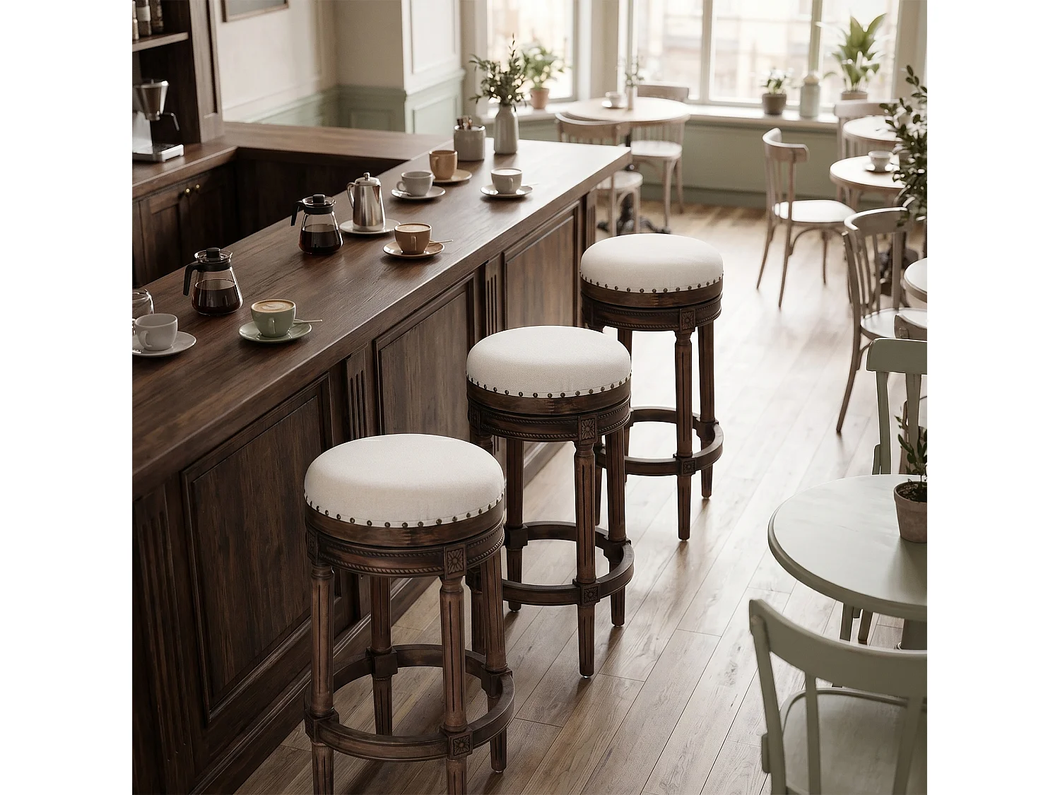 HOMEMIYN Tabouret de bar vintage pivotant 360° en simili cuir, assise rembourrée confortable, pieds en bois massif sculpté avec repose-pieds, chaise haute élégante
