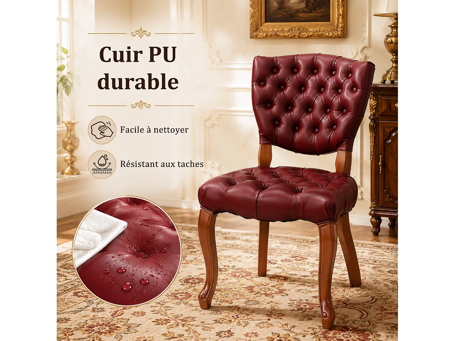 HOMEMIYN Lot de 2 chaises de salle à manger vintage en simili cuir capitonné, fauteuils de table avec pieds en bois massif sculpté, assise rembourrée confortable, s