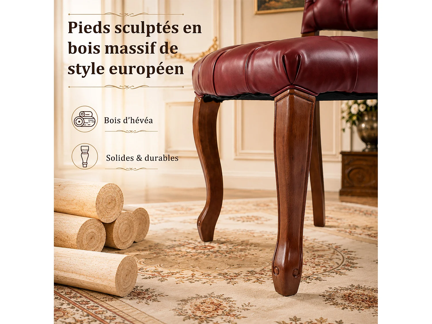 HOMEMIYN Lot de 2 chaises de salle à manger vintage en simili cuir capitonné, fauteuils de table avec pieds en bois massif sculpté, assise rembourrée confortable, s