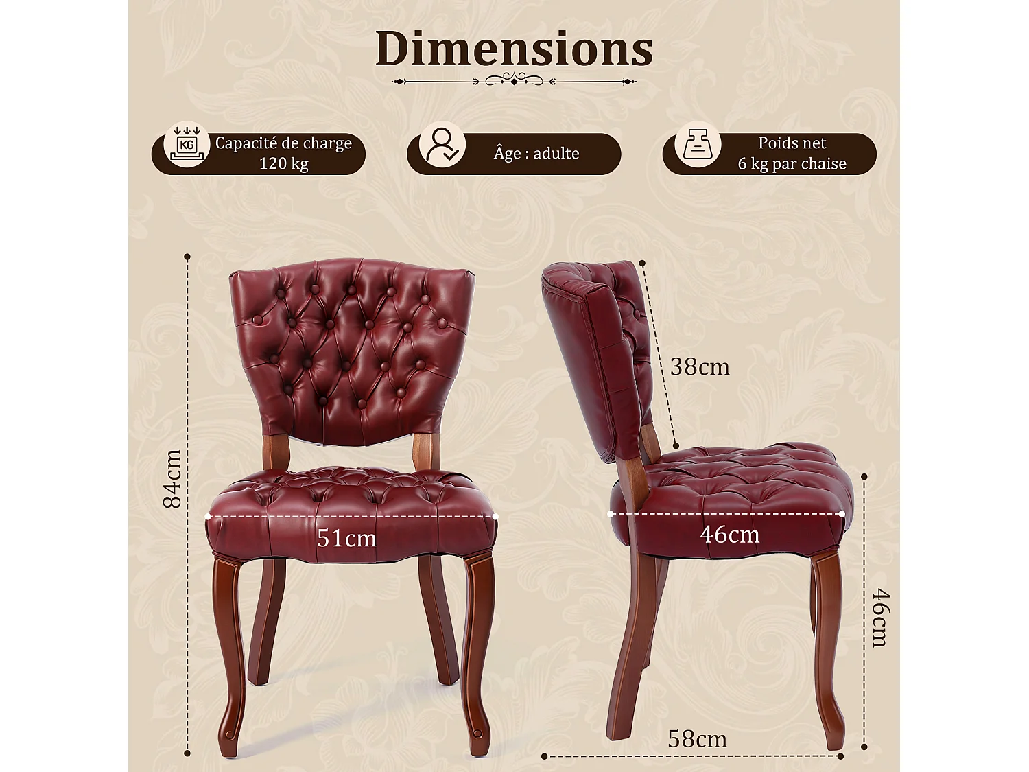 HOMEMIYN Lot de 2 chaises de salle à manger vintage en simili cuir capitonné, fauteuils de table avec pieds en bois massif sculpté, assise rembourrée confortable, s