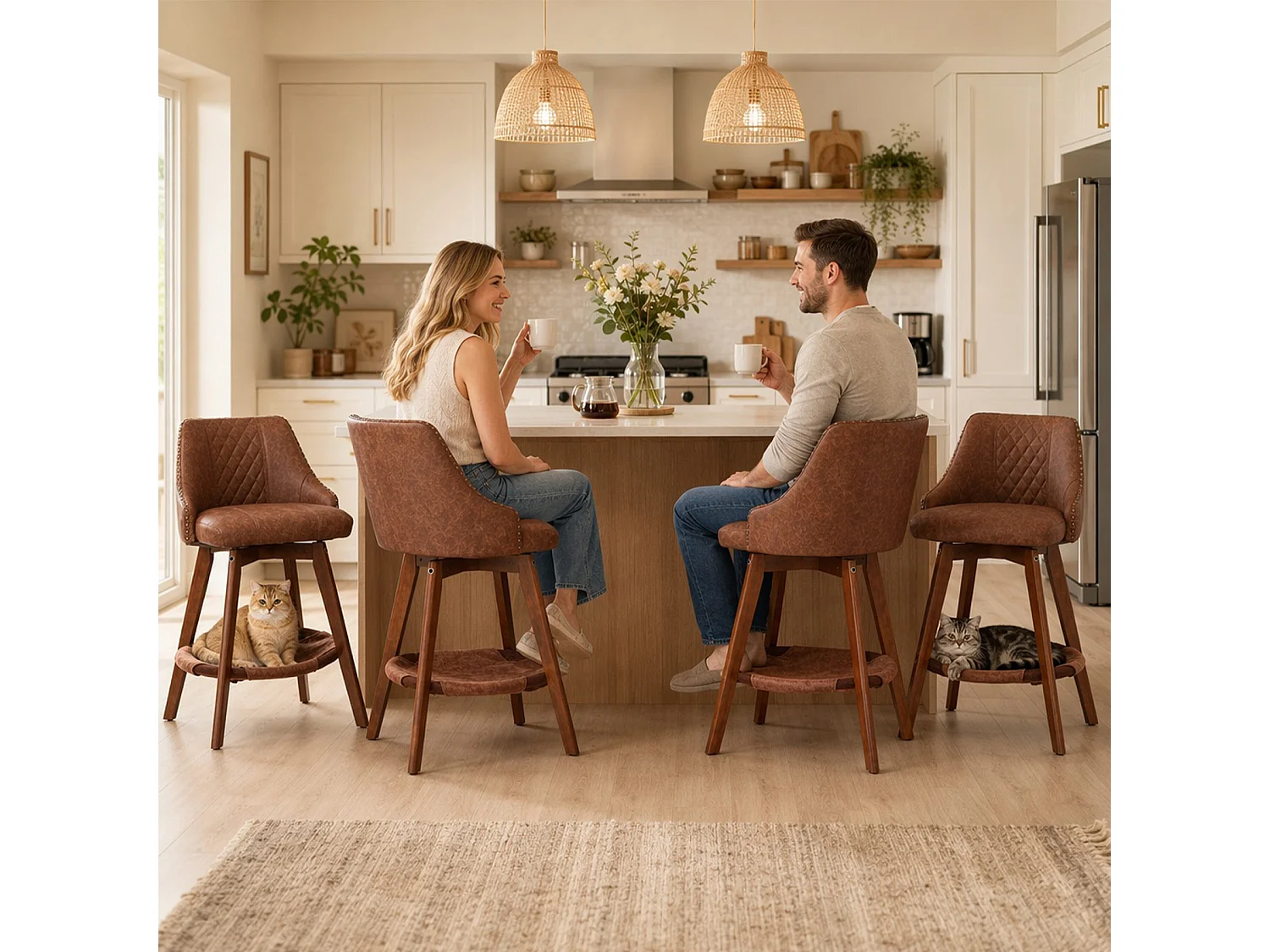 HOMEMIYN Lot de 2 tabourets de bar vintage avec panier pour chat, chaise de bar pivotante à 360°, assise rembourrée en simili cuir PU, structure en bois, pour cuisi