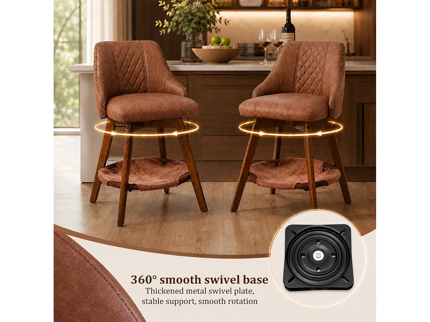 HOMEMIYN Lot de 2 tabourets de bar vintage avec panier pour chat, chaise de bar pivotante à 360°, assise rembourrée en simili cuir PU, structure en bois, pour cuisi