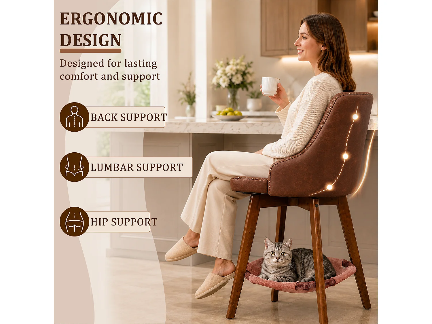 HOMEMIYN Lot de 2 tabourets de bar vintage avec panier pour chat, chaise de bar pivotante à 360°, assise rembourrée en simili cuir PU, structure en bois, pour cuisi