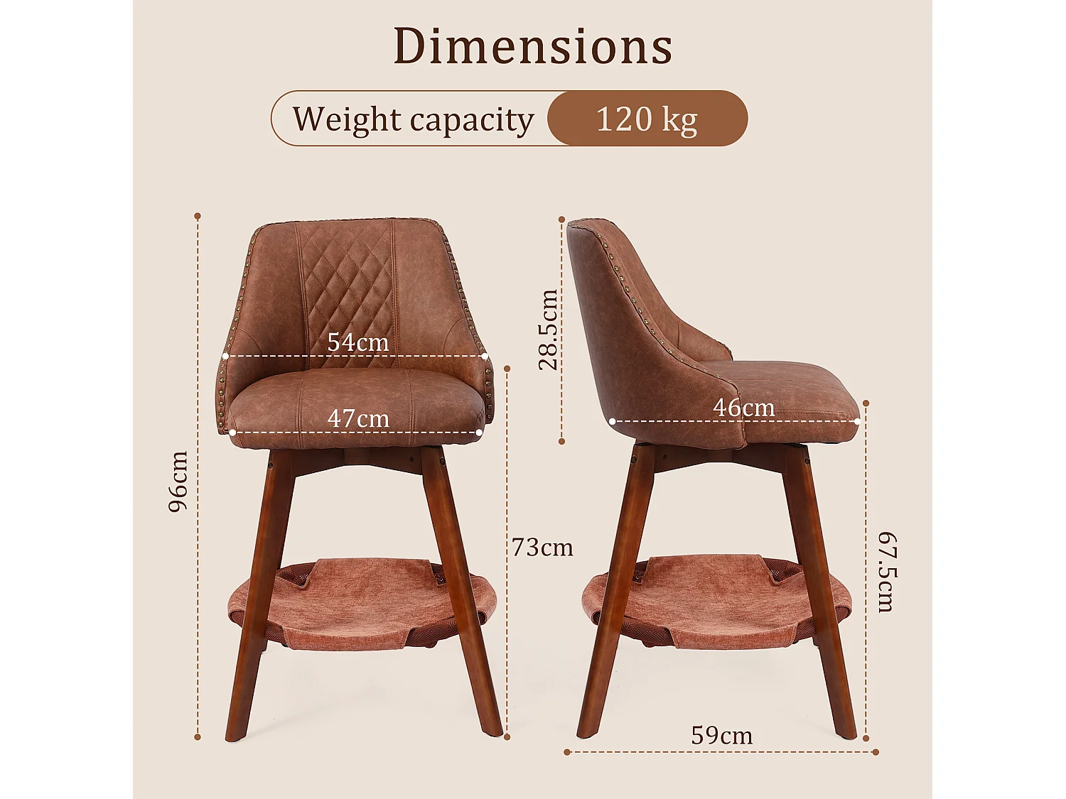 HOMEMIYN Lot de 2 tabourets de bar vintage avec panier pour chat, chaise de bar pivotante à 360°, assise rembourrée en simili cuir PU, structure en bois, pour cuisi